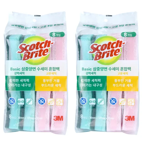 스카치브라이트 삼중양면 스펀지 수세미 혼합팩, 8개입, 2개