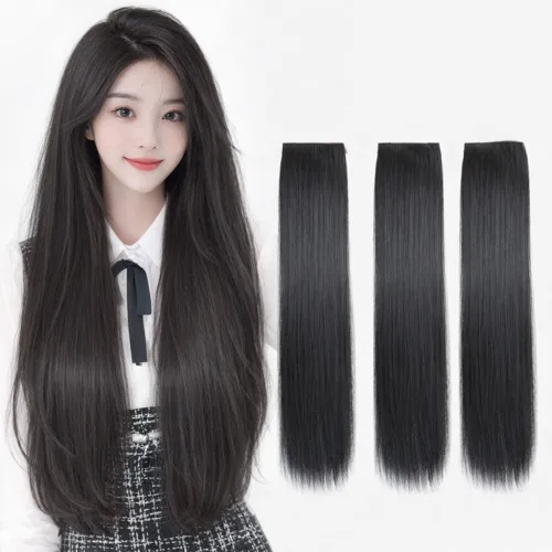 클릭코 헤어피스 60cm 붙임머리 인모 스타일 똑딱이 생머리 여성 부분가발, 3개, 블랙