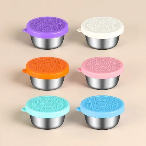 AIFUNT 엘리펀트 304 스테인리스 소스컵 6P 세트 50ml - 밀폐 실리콘 무늬뚜껑 포함 소형 양념 종지 소분 용기, 6칼라 믹스, 6개
