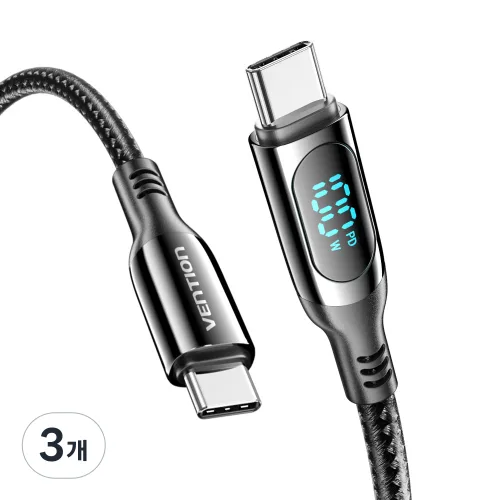 벤션 디스플레이 100W C to C타입 PD 고속충전케이블 TAY, 3개, 2m, 블랙