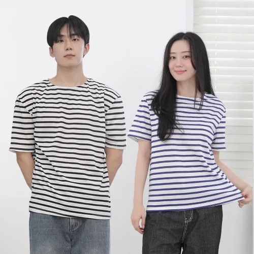 남녀공용 티셔츠 스트라이프 반팔티 빅사이즈 여성 남성 반팔 단가라 줄무늬 여름 스판 가을 간절기 선물 커플티셔츠 사계절 커플티 신축성