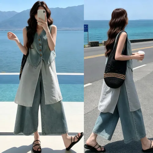 패션라인 BL10628_루코데님투피스세트/데일리룩/빈티지/럭셔리/데님/베스트