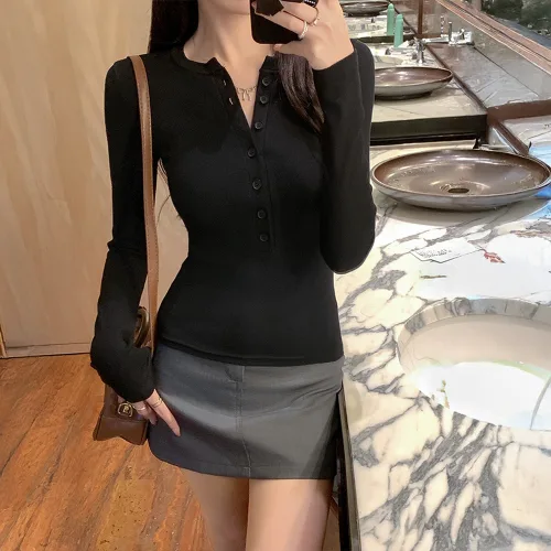 여신 여성용 심플 슬림핏 라운드넥 버튼 긴팔 티셔츠