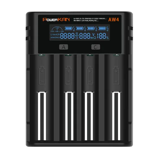 POWERKAN 스마트 만능 LCD 지능형 배터리 충전기 4구 리튬 니켈 AW4 건전지 배터리 고속충전 18650 AA AAA 21700 32650 과충전방지, 1개