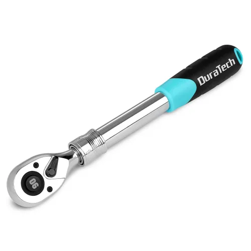 DURATECH 1/2인치 드라이브 연장형 래칫 90톱스 퀵릴리즈 래칫렌치 쿠션 핸들 텔레스코픽 잠금 샤프트 5단 길이 조절 11-4/5인치 to 17인치 양방향 크롬 합금 제작, 1개