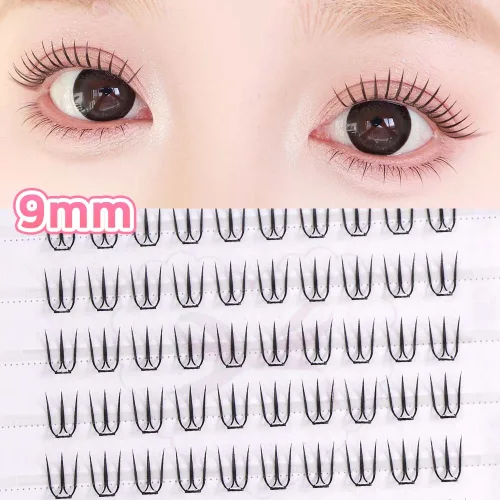 WooBerry 초경량 노글루 속눈썹 9mm U형 2in1 짧은 데일리 아이돌 포인트래쉬 풀이 필요없음 100PCS, 1개, 블랙