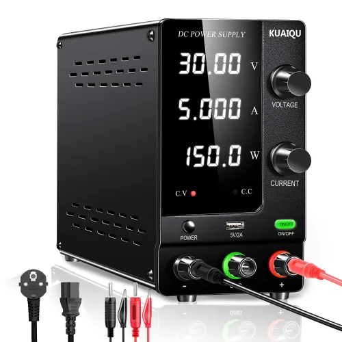 KUAIQU 가변 직류 안정화 전원 30V 5A 150W 출력스위치 내장 엔코더 노브 USB포트 전자수리용 전기분해 실험, 1개