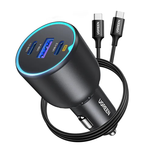 UGREEN 유그린 130W PD QC 3포트 시거잭 차량용 멀티 고속충전기 C+C+U,1m C-C 100w 케이블 세트, Black
