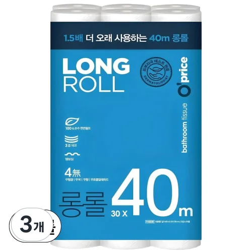 롱롤 화장지 40m 3겹 대용량 천연펄프 휴지, 롱롤휴지 대용량, 40m, 30롤, 3개