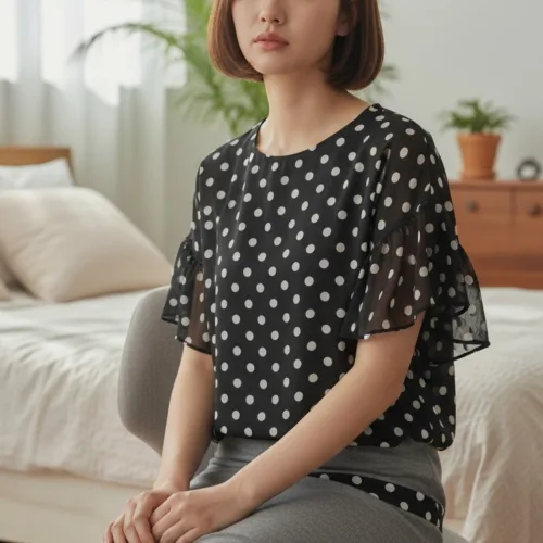 여성 도트 쉬폰 블라우스 반팔 루즈핏 여름 티셔츠