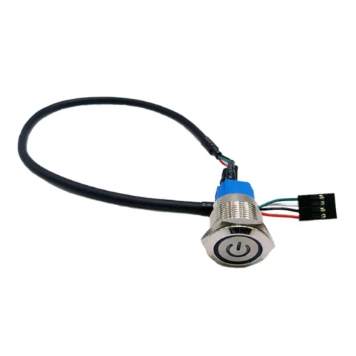 19파이 메탈 LED 푸시버튼 스위치케이블 색상블루 (19mm, 3A, 셀프리셋) 방수 금속버튼 마더보드 연결용 케이블 30cm, 30cm, 1개