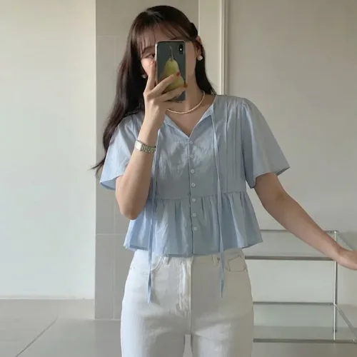타니즈 베로아 리본 반팔 블라우스