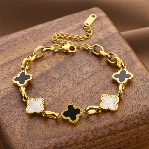 14K 도금 블랙 화이트 클로버 행운 팔찌 여성 선물 TZX-CH0237