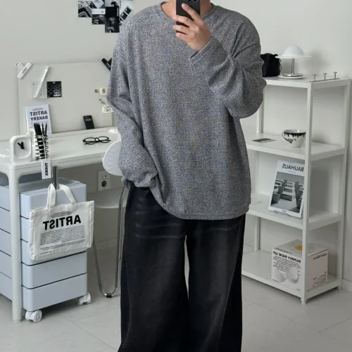 르위 오버핏 라운드 긴팔 니트 믹스 티셔츠 레이어드 무지 남녀공용