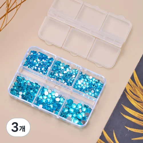 6칸 네일아트 스톤 6~20호 DIY 플랫백 라인스톤, 3개, 푸른 호수