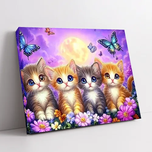 뉴타임즈 보석 자수 다이아몬드 그림 식물풍경 캔버스 40X50cm 액자 포함 가정 장식품 특별한 선물, 1세트, 고양이 네 마리 00260