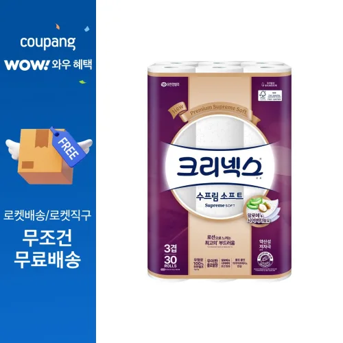 크리넥스 수프림 소프트 천연펄프 3겹 화장지, 27m, 30롤, 1개