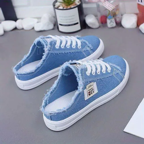 ROYALBELLE 여성 데님 캔버스 뮬 스니커즈 슬립온 편한 착용감 데일리 캐주얼 플랫 슈즈 B0080460
