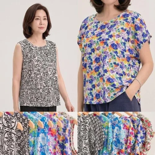 엄마옷 마미소 싹스리꽃 가오리 티셔츠 나시 국내제작 여름 순면 할머니 빅사이즈 40 70 마담 중년 여성 (50831708)
