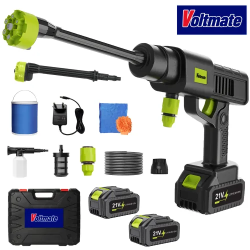 최신형 Voltmate 독일 고성능 순동 모터 10단계 속도 조절 LED 표시 6in1 다용도 노즐 리튬 배터리 2개 가정 휴대용 세차기 고압 세척기, 1세트