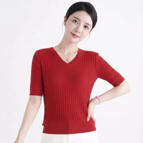 바이로이 소프트터치 모달 골지 브이넥 반팔 니트
