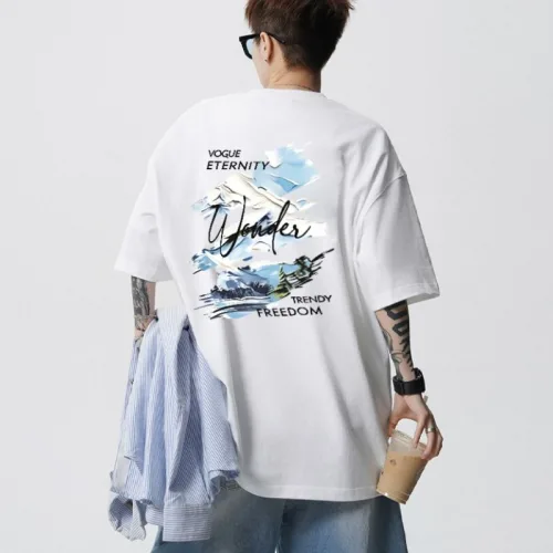 FONOW 반팔면티 순면 100% 남성 루즈핏 반팔 티셔츠 빅사이즈 패션 여성 편안한 통기 여름 캐주얼 라운드 티셔츠 대자연 풍경 양면 프린트 디자인 빅사이즈여성쇼핑몰