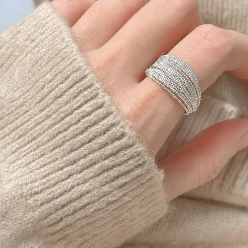 백송 실버 멀티 라인 오픈 반지 여성 볼륨 데일리 패션