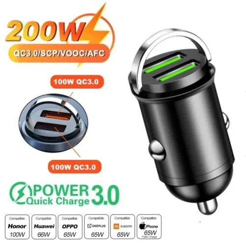 100W/200W QC3.0 PD 미니 차량용 충전기 12-24V 라이터 고속 USB 타입 C (샤오미, 삼성, 화웨이, 아이폰용)