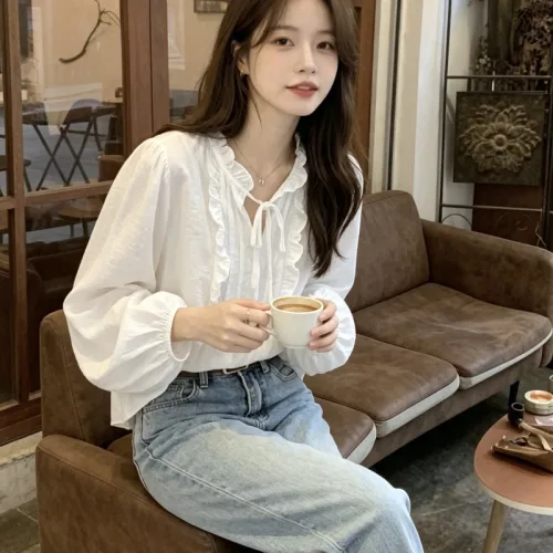 차이첸 여성 프릴 셔링 리본 블라우스 긴팔 상의 간절기 데일리 오피스룩 봄 가을 셔츠