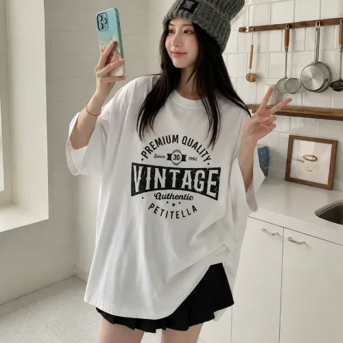 쁘띠엘라 빈티지 순면 반팔티 면티셔츠 박스핏 빅사이즈