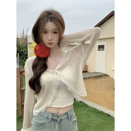 레이스 장식 브이넥 숏 가디건 여름 얇은 투시 쿨링 니트 가디건 드레스 안에 겉옷 에어컨 가디건 자외선 차단 가디건