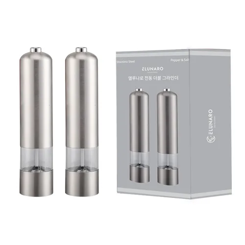 1+1 엘루나로 자동 전동 소금 후추 그라인더, 1세트, 스텐+스텐, 80ml