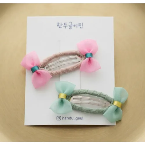 (2개 SET) 한두글이핀 원형리본똑딱핀 예쁜 아기머리핀 핸드메이드 여자아기머리핀 유아 미니