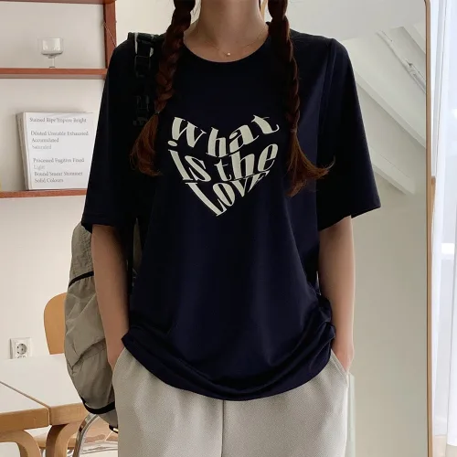 빅사이즈 라운드넥 하트 영문 나염 반팔티 티셔츠 캐주얼룩 ~5XL 자체제작 5275