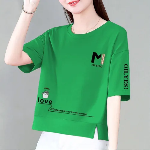 VVRR 여성 루즈핏 언발란스 밑단 라운드넥 캐릭터 프린트 반팔 면 티셔츠 A0041210