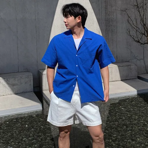 감사 남자 루즈 오버핏 린넨 리넨 반팔 쿨링 파자마 셔츠 남방