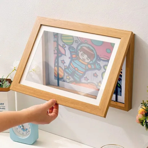 이지유 아이 그림 보관 100장 액자 8절 벽걸이 키핑 프레임 스케치북 상장 미술 아이방 선물, 브라운, 1개