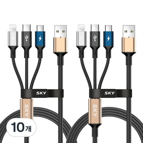 SKY 비트 27W 3IN1 케이블 USB A-C타입, 2m, 10개, 블랙