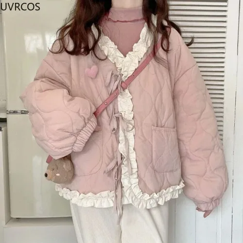 러플 프릴 퀼팅 패딩 점퍼 여성 숏패딩 겨울 아우터 귀여운 꽃장식 베이지 아이보리 카라 데일리 캐주얼 학생 하라주쿠 카와이 일본 스타일 따뜻한 보온 경량