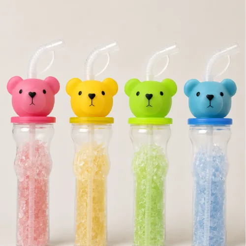 4색곰돌이 캐릭터 슬러시 병 슬러쉬 보틀 용기 빨대 전통 1박스(100EA)