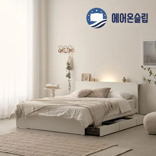 100%국내생산+친환경E0+3서랍+LED프레임+양면매트본넬 플랫침대 S SS Q, 화이트
