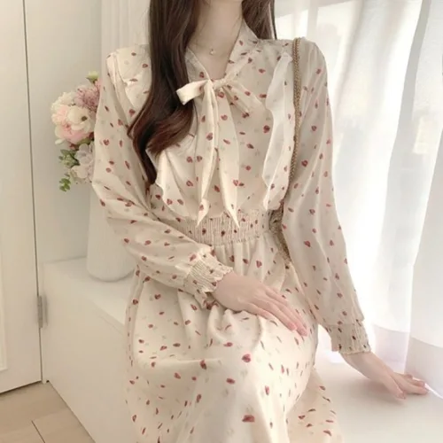 A라인 쉬폰 원피스 꽃무늬 리본 프릴 밴딩 롱 드레스 가을원피스 봄치마 데이트룩