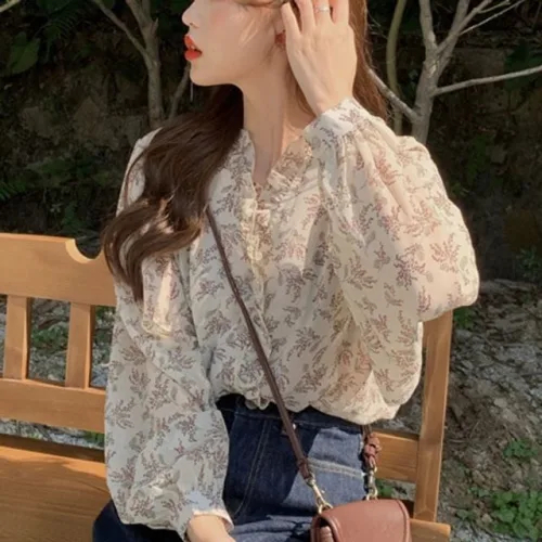 레이스 포인트 플라워 블라우스 프릴 쉬폰 블라우스 dnd386XK
