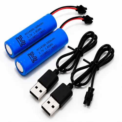 KC인증 14500 리튬 배터리500mAh 3.7V - SM 2핀 커넥터 충전지 2개+충전케이블2개