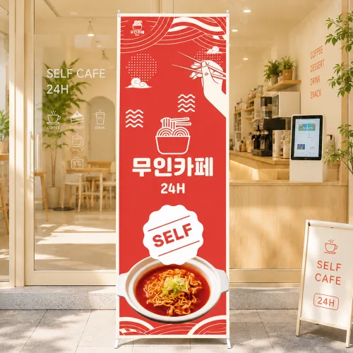 CO-357 무인 라면 가게 24시간 수정무료 X배너 엑스배너 입간판 디자인 출력 제작 인쇄 PET 페트 메쉬 방수 야외 옥외