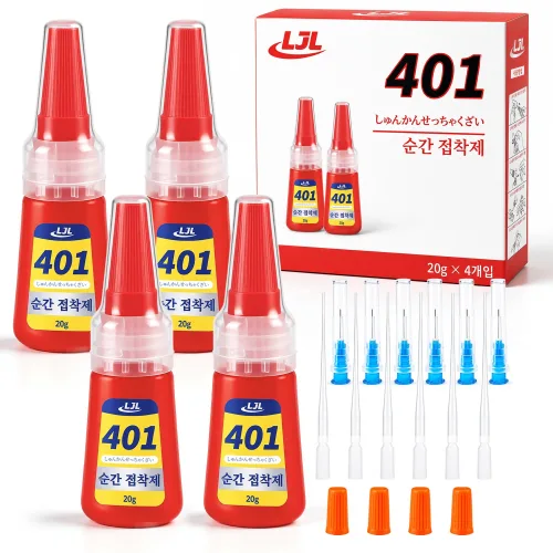 LJL 401 강력 순간 접착제 다용도 접착제 4개입, 미세 노즐 6개 +드롭퍼 6개 + 카구치 니들캡 4개, 1세트