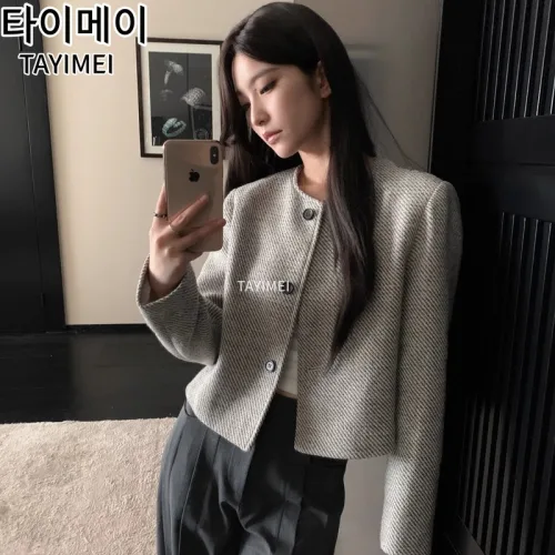 타이메이 가을 빈티지 라운드 싱글 스트립 고급 상의 루즈핏 프렌치 아우터 쇼트