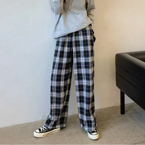엘라누아르 가을 빅사이즈 체크 와이드 팬츠 남녀공용 루즈핏 캐주얼 일자 롱팬츠