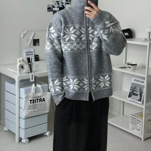 르위 오버핏 하이넥 니트집업 가디건 투웨이 스웨터 눈꽃 크리스마스 연말룩