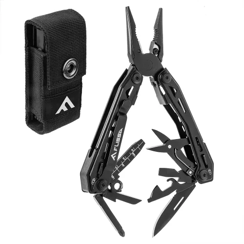 FLISSA 16in1 멀티툴 EDC 포켓나이프 플라이어 맥가이버 칼 벨트 클립 옥스퍼드 파우치 포함 셀프락킹 캠핑 서바이벌 아웃도어용, 1개, 검은색